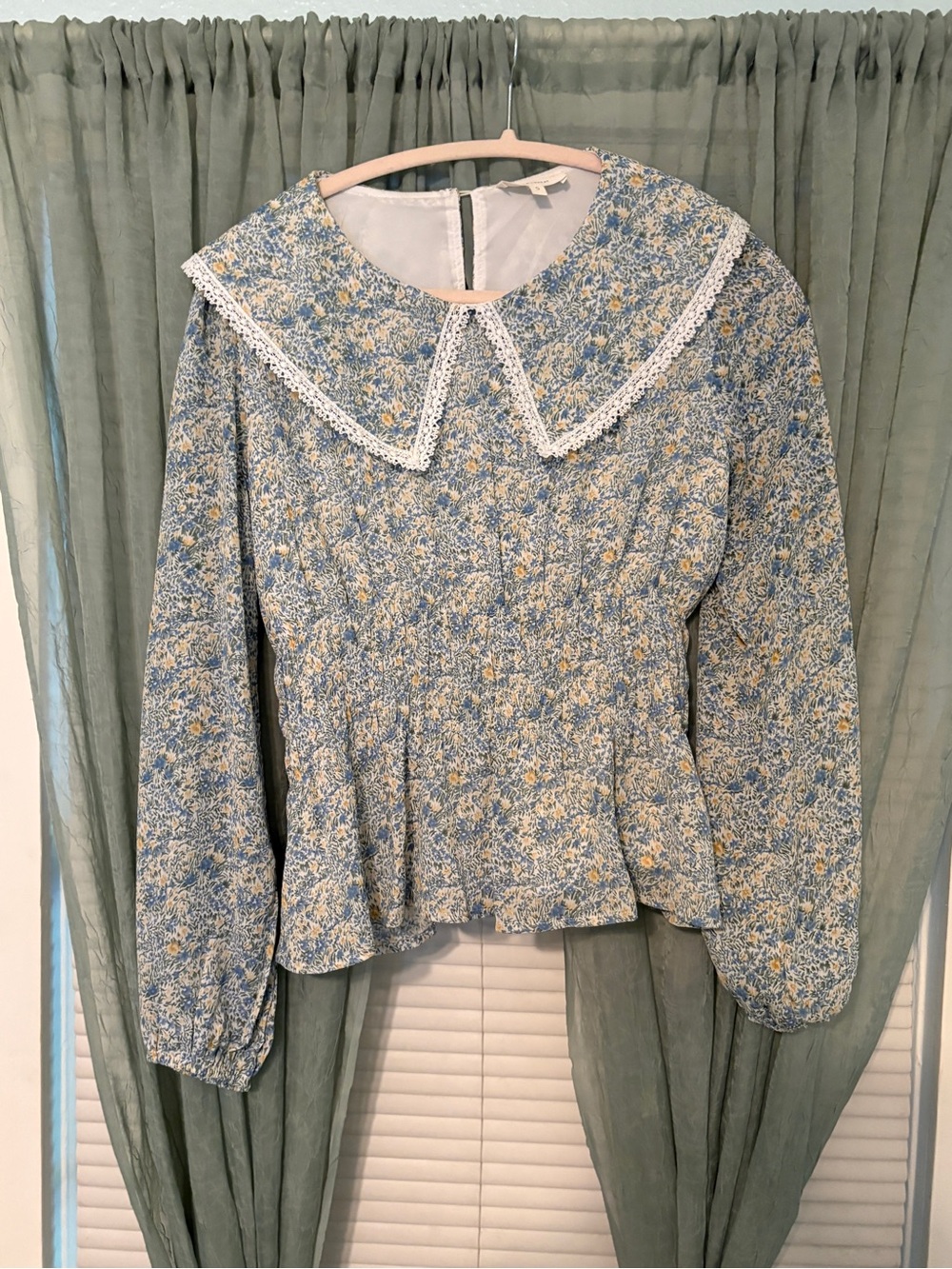 Floral Lace-Trim Peplum Top - Blue/Yellow - Picture 2 of 3